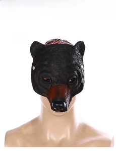 Detailed view of realistic black bear latex mask with textured fur and lifelike facial details