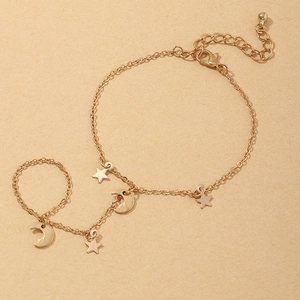 Golden moon and star pendant finger bracelet with adjustable chain for women