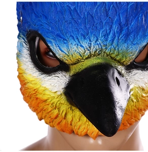 Detailed close-up of realistic bird mask showing feather texture and vibrant color finish