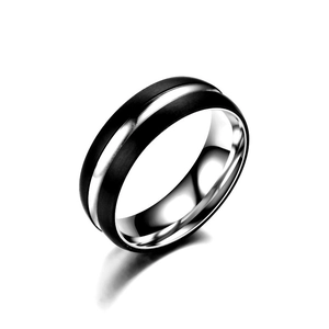 Classic two-tone titanium steel couple ring with brushed black and polished silver finish