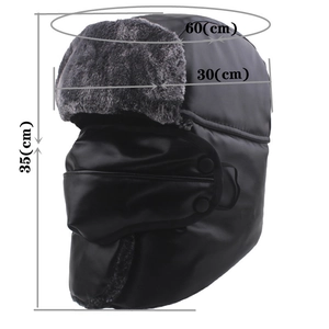 Winter thermal leather trapper hat with mask and dimensions showing 60cm circumference