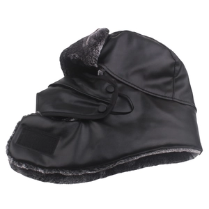Winter faux leather trapper hat with gray plush lining and detachable face mask for men