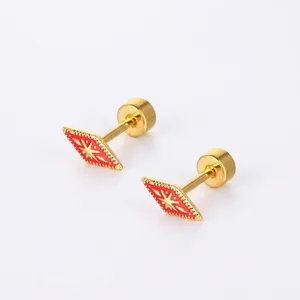 Stainless Steel Rhombus Stud Earrings Gold Plated Enamel Starburst Delicate Tiny Screw Back Minimalist Jewelry For Women Girls