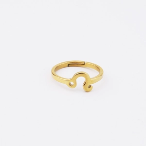 Detailed view of adjustable 18k gold Leo zodiac sign ring with a polished mirror finish