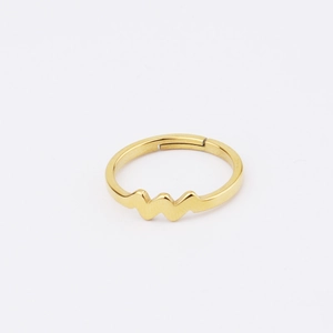 Close-up of golden wave pattern adjustable ring with polished stainless steel finish