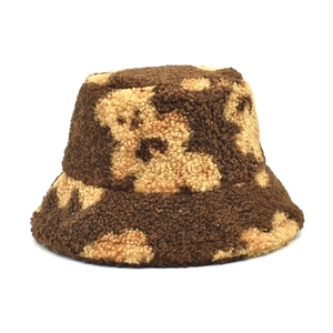 Plush lamb wool bucket hat with brown teddy bear patterns for winter outdoor warmth