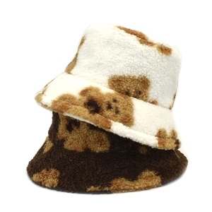 Plush lamb wool bucket hat for women with leopard panda print for winter warmth