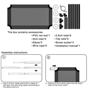 Detailed components list and assembly instructions for the window-mounted cat hammock