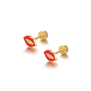 Mini red lip titanium steel stud earrings with gold plating for women and men