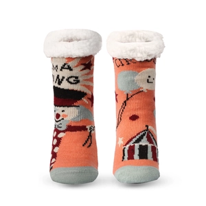 Orange Christmas slipper socks with white fleece lining and anti-slip snowmen pattern