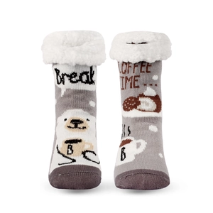 Detail of grey knitted thermal socks with white plush cuffs and Coffee Time design