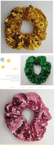 Close-up of sparkling sequin scrunchies in gold, emerald green, and magenta pink colors