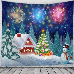 Detail of Christmas tapestry showing snowy cabin, decorated tree, and fireworks on wall