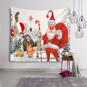 Cozy Christmas wall tapestry featuring Santa Claus and a reindeer in a home setting