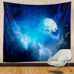 Christmas tapestry featuring Santa on reindeer sleigh flying across a full moon starry sky