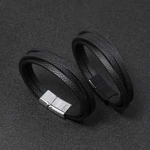 Conjunto de pulsera de cuero negro multicapa con cierre magnético metálico para hombre