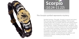 Detail view of woven brown leather Scorpio bracelet with vintage metal charms and beads