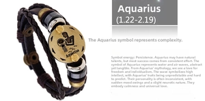 Close-up of braided brown leather Aquarius zodiac bracelet with bronze charm and snap clasp