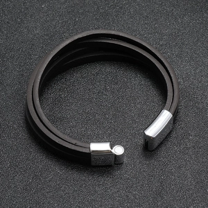 Minimalist multi-layer black leather bracelet for men with silver magnetic metal clasp