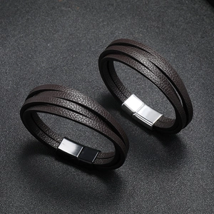 Minimalistische meerlaagse bruine leren armband voor heren met magnetische sluiting