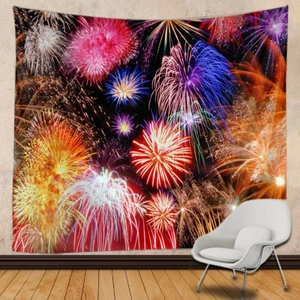 Detail of vibrant fireworks tapestry with digital print on polyester fabric wall hanging