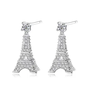 Luxury Copper Eiffel Tower Stud Earrings For Women Shiny Rhinestone Inlaid Gold Silver Rose Gold Paris Tower Jewelry Gift