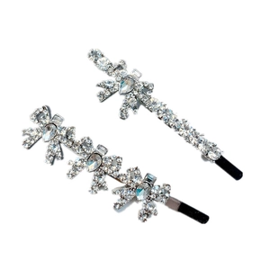 Sparkling silver alloy bow hairpins with clear rhinestones and non-slip grip set