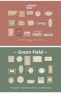 Close-up of vintage gold-stamped stickers in Ocean Heart and Green Field scrapbooking styles