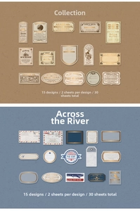 Detail of vintage gold-stamped stickers with 15 retro designs and 30 pieces total