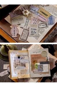 Close-up of vintage gold-stamped stickers and their application on a DIY journal page