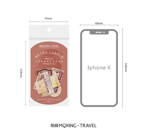 Vintage gold-stamped sticker pack size comparison showing 74x124mm package vs iPhone X