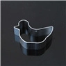 Detailed view of a durable duck-shaped metal cookie cutter on a sleek dark surface