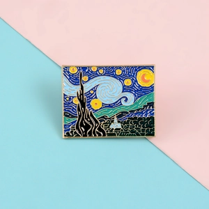 Detailed view of Van Gogh Starry Night enamel brooch with polished gold outlines