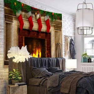 Detailed retro Christmas fireplace tapestry with red stockings and pine garland on white wall