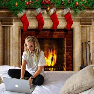 Festive Christmas fireplace wall tapestry with stockings for holiday room decoration