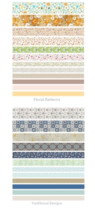 Detailed view of various decorative washi tape patterns with floral and vintage motifs