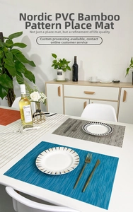 Detaillierte Bambustextur der PVC-Tischsets in Blau, Grau, Beige und Rot auf dem Tisch