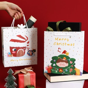 Cartoon Christmas gift paper bag with handle, festive illustration on red background
