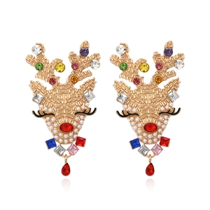 Christmas Reindeer Drop Earrings Alloy Colorful Rhinestone Imitation Artificial Pearl Festive Elk Animal Jewelry For Women