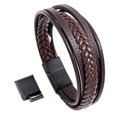 Detail of dark brown multi-layer braided leather bracelet with black magnetic metal clasp