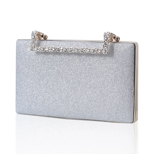 Sparkling silver glitter evening clutch bag with luxury rhinestone handle and metal frame