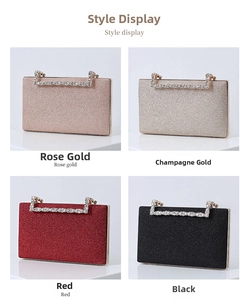 Glitter evening clutch bags in rose gold, champagne, red and black with rhinestone handles