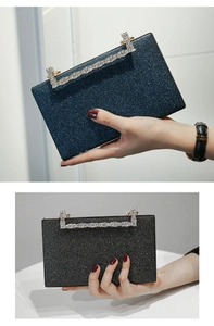 Detail of glitter evening clutch bags in navy blue and black with rhinestone top handles