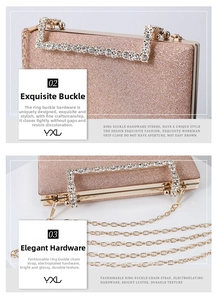 Detail of rose gold sequin evening bag with diamond-encrusted buckle and metal chain