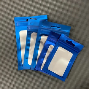 Blue matte zip-lock aluminum foil bags with clear window and round hanging hole