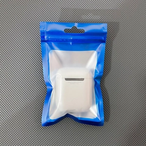 Blue translucent matte resealable foil bag holding a white wireless earphone case