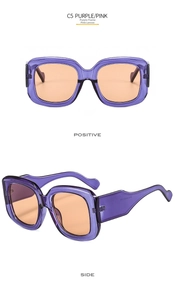 Detail view of purple transparent square sunglasses with pink gradient lenses and thick temples