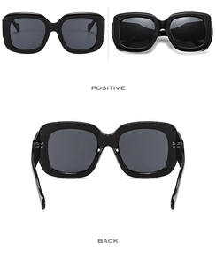 Three-angle views showing front side and back of black oversized square sunglasses