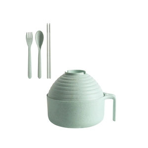 Eco-friendly wheat straw noodle bowl set with lid, spoon, fork, and chopsticks in green