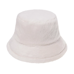 Close-up view of the soft white faux fur texture on this winter bucket hat